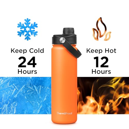 Image of ThermoProof Double-Walled Vacuum Insulated Stainless Steel Water Bottle - Wide Mouth with Chug & Spout Lids, Dishwasher Safe, Reusable, Leakproof, Hot & Cold for Men, Women - 22oz, Sunset Orange