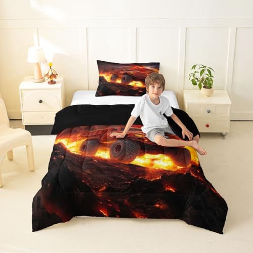 Manfei Retro Truck Comforter Set,3D Burning Fire Off-Road Vehicle Bedding Set for Kids Teens Bedroom,Volcano Lava Flame Natural Disaster Quilt Set 2 Pcs with 1 Pillowcase,Twin