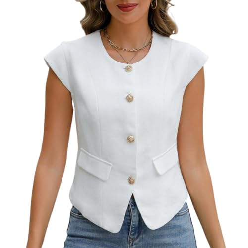 Ladyful Womens Sleeveless Blazer Vest Top Casual Cap Sleeve Tweed Suit Vest Metal Button Business Work Waistcoat