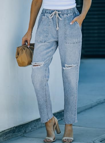 Sidefeel Women's Jeans Ripped Joggers Elastic Drawstring Waist Cargo Denim Pants Size 14 Light Blue3