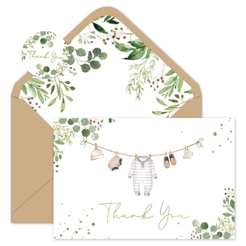 Whaline 24 Pack Baby Shower Thank You Card Boxed Greeting Blank Cards Eucalyptus Leaves Baby Cloth Note Cards with Brown Envelopes Stickers for Boy Birthday Gender Reveal