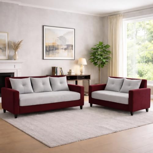 Image of Ultimate Comfort 3+2 Wooden Sofa Set | Premium Velvet Fabric | Modern 5-Seater Sofa | Durable & Stylish Living Room Furniture(Mehroon & Grey)