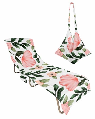 Red Orange Spring Floral Beach Lounge Chair Towel Cover, Soft Chaise Lounge Towel with Side Pockets Patio Pool Chairs Cover for Beach/Pool Sunbathing 29x85 Green Botanical
