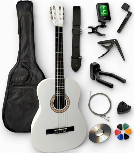 AMBRE - Pack Guitare Classique 4/4 Droitier + 10 Accessoires + CD & Cours Vidéo – Cordes Nylon, Livrée Accordée (Blanc, 4/4, Droitier)