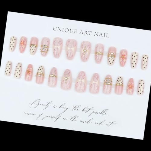 Image of Polka Dot Press on Nails Flower Fake Nails with Lace Design Almond Nails | French Tip Nails Press ons Medium Length False Nail 3D Pink Floral Stick on Nails for Women Glossy Full Cover Manicure 24Pcs