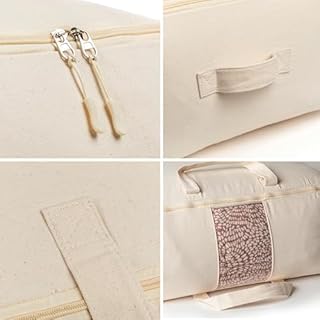 Soft Canvas Storage Bags with Zipper. Thick Breathable, 1pc King/Queen Comforter Organizer. Four Carrying Handles and Window. Large 25x19x9in Bag for Sheets Blankets Bedding Pillows, Clothes