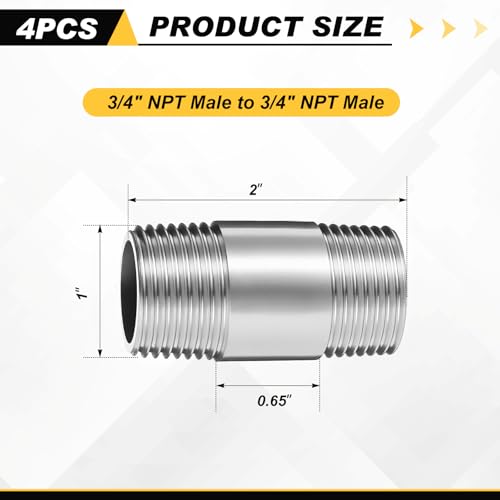 Image of 4 Pcs 304 Stainless Steel Pipe Fittings 3 /4 inch NPT x 3 /4 inch NPT Male Threaded 2 inch Length Nipple Cast Pipe Fittings for Oil Air Fuel