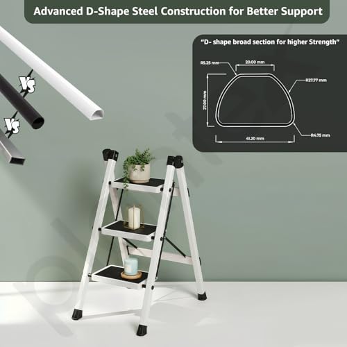 Image of Plantex 3 Step Ladder for Home Use /Wide Anti-Slip Heavy-Duty Step Stool /Lightweight Kitchen Ladder 3 Step (White)