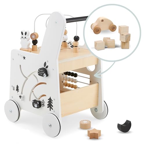 Mamabrum Wooden Baby Walker with Wheels 6-in-1 - Push Along Toy 12+ Months - Baby Activity Centre Walker with Shape Sorter, Bead Mazes, Abacus and Gears and Stacking Blocks - Image 14