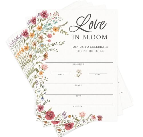 Printed Party Bridal Shower Invitations and Envelopes Wildflower Theme Love In Bloom Design Set of 30