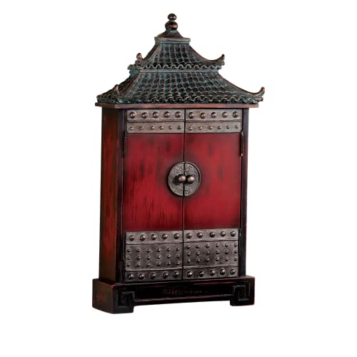 Oriental Pagoda Key Wall Cabinet Bronze - Oriental Furnishings Asian Accent - Accommodates Multiple Sets - Six Hooks Inside - Magnet Latched Double Door - 9 Inches Wide by 16 Inches High