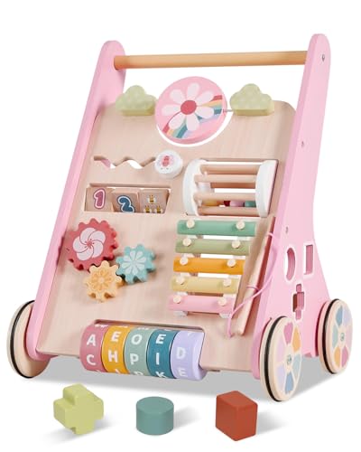 Image of Wooden Baby Walker with Wheels, Adjustable Speed Baby Push Walker, Montessori Walking Toys for Girls Boys, Push and Pull Learning with Baby Activity Center, Christmas Birthday Gifts for Toddler