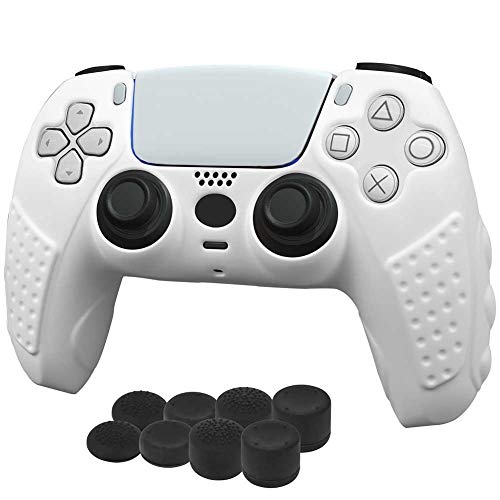 Aosai PS5 DualSense Controller Skin, Studded Anti-Slip PS5 DualSense Controller Cover Silicone Grip for PS5 Controller(Controller Skin x 1 + FPS PRO Thumb Grips x 8) (White)