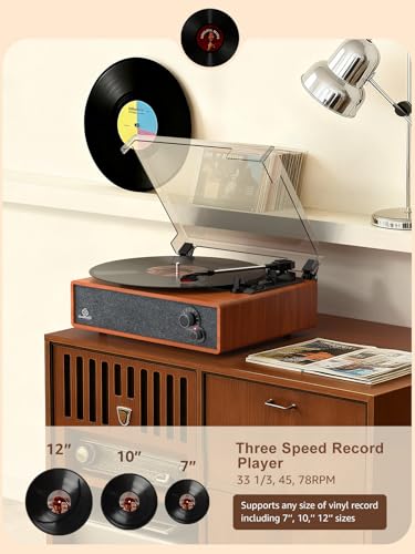 Image of Vinyl Record Player Vintage Turntable for Vinyl Records LP Phonograph Auto Stop Tone Adjustment Belt Drive 3 Speed 3 Size Support Wireless Input RCA Output Retro Walnut Red Brown