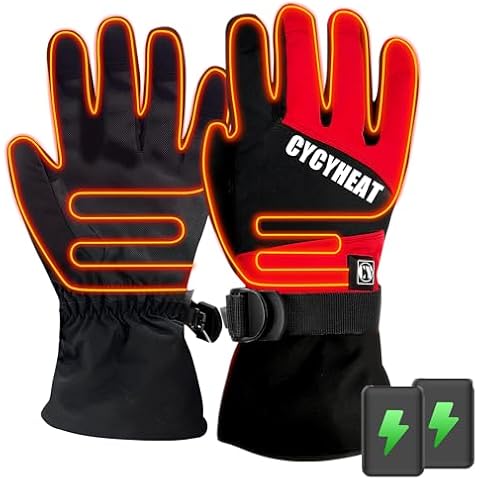 CYCYHEAT Kids Heated Gloves - Boys and Girls Waterproof Ski Heating Gloves with 2pcs DC 2700mAh Battery, 3 Heating Levels (Black+Red, L/XL) Cover