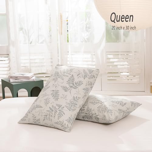 Image of ECOCOTT 2 Pack Pillowcase Queen Size with Green Botanical Plant Leaves Pattern Pillow Cases Set, 100% Cotton Queen Pillow Covers Envelope Closure (Queen, 20 inchx30 inch)