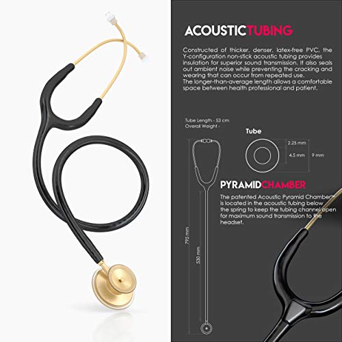 Image of MDF Instruments, Acoustica Lightweight Stethoscope for Doctors, Nurses, Students, Home Health Use, Adult, Dual Head, Black Tube, Gold Chestpiece-Headset, MDF747XPK11