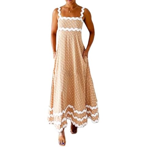 TRURENDI Women 2024 Summer Dress Sleeveless Smocked Rickrack Flowy Maxi Dress Spaghetti Strap A Line Flowy Swing Sundress (Brown, S) Cover
