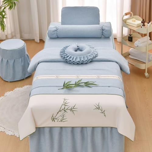 Jidanmian Parure de draps de Table de Massage 4 pièces en Microfibre avec Fermeture éclair Invisible, Jupe de lit spéciale Salon de beauté avec Poche, Broderie Tendance(Blue,190x70cm)