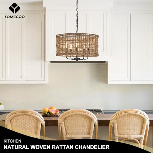 Image of 19.7 inch Black Rattan Chandelier, 5-Light Boho Wicker Light Fixture | Hand-Woven Rattan Pendant Light; Adjustable Height; Farmhouse Basket Drum Chandeliers for Dining Room, Kitchen, Bedroom, E12