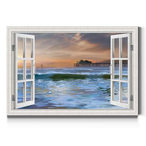 Renditions Gallery Nature Art Landscape Window View of Pier Jetty on the Ocean Canvas Wall Hanging Artwork Pictures & Prints for Bedroom Dining Living Room Office Home Kitchen Decor - 32"X48" LT01