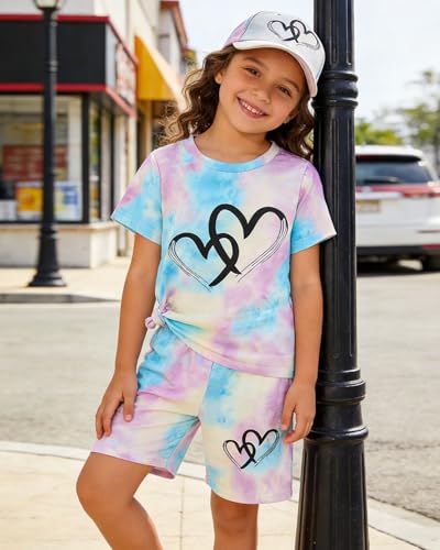 Image of Kids Girl Clothes Tie Dye Heart Print Short Sleeve Top and Shorts Toddler Girl Summer Outfits Short Set