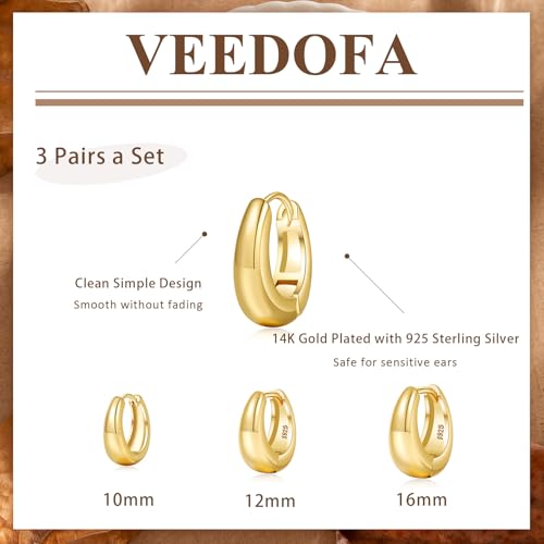 Small Hoop Earrings Set for Women,Trendy 14K Gold Plated Sterling Silver Small Chunky Hoops Earrings for Multiple Piercing Jewelry Gift3