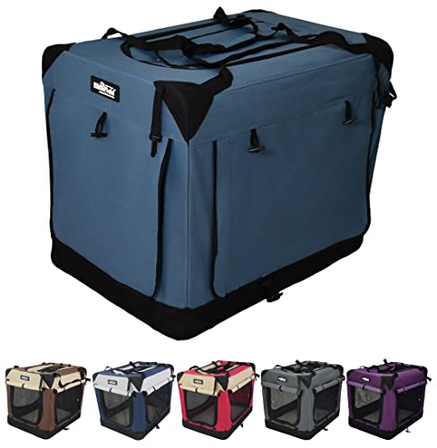 EliteField 4-Door Folding Soft Dog Crate with Curtains, Carrying Bag and Fleece Bed (2 Year Warranty), Indoor & Outdoor Pet Home (42' L x 28' W x 32' H, Blue Gray+4 Door Curtains)