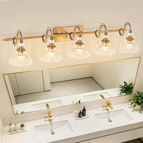 Image of Vintage Bathroom Vanity Light, 5-Light Matte Antique Brass Finish Wall Sconce with Hanging Crystal Accents and Flower-Shaped Clear Glass Shades, Retro Wall Mount Vanity Light Over Mirror for Bathroom