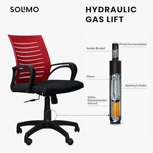 Image of Amazon Brand - Solimo Sitly Mid Back Revolving Office Chair for Work from Home, Study, and Computer Use | Heavy Duty Base | Ergonomic Mesh Design | Durable & Comfortable Seating (Red Mesh)