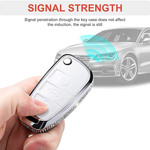 Shanghong Compatible With Audi Key Fob Cover With Keychain Genuine Leather Crystal Full Protection Key Case Shell Fit For Audi A1 A3 Q3 Q7 R8 A6L Tt Smart Key-White #TOP3