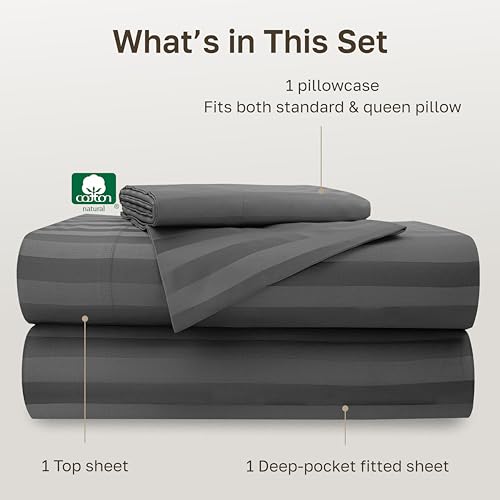 Image of California Design Den 500TC 100% Cotton Twin XL Sheets Set, Grey Stripe | Good Housekeeping Seal, OEKO-TEX Certified, Silky-Soft Sateen Weave, 3pc Set, 15 inch Deep Pockets, For Hot Sleepers, All-Season
