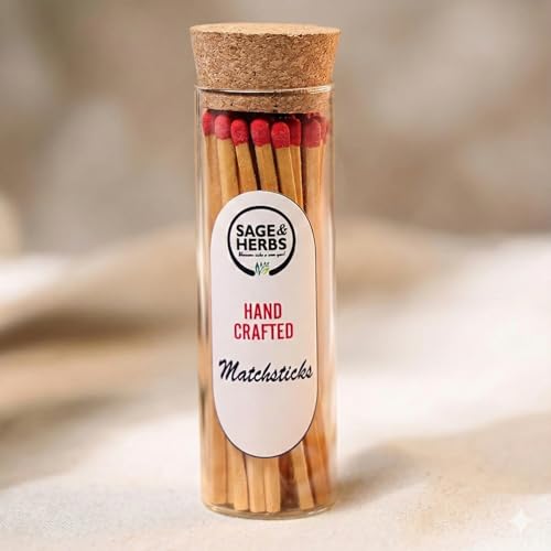 Image of Sage & Herbs Long 35 Matchsticks in a Borosilicated Cork Jar | For Fireplace, Kitchen, Home Temple | Long Burn Time Matcsticks (Red, Extra Long)