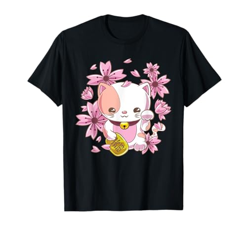 Giapponese Lucky Maneki Neko Cat Sakura Cherry Flowers Maglietta