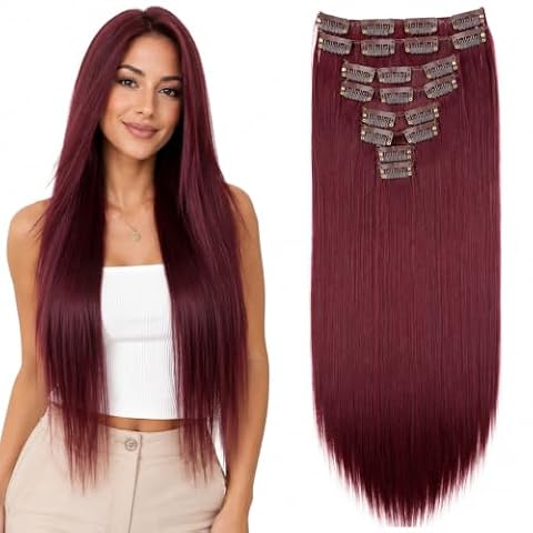 CAISHA XL 60cm 7-Cz??ciowy Zestaw CLIP IN EXTENSIONS Przed?u?anie W?osów Prosta Treska Wino Czerwone CE27