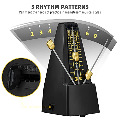 LEKATO Mechanisches Metronom für Klavier Gitarre Bass Violine Ukulele Schlagzeug Saxophon Banjo Mandoline - Visualisierung von Takt & Tempo, lauter Klang mit betonter Glocke, hohe Präzision, Schwarz