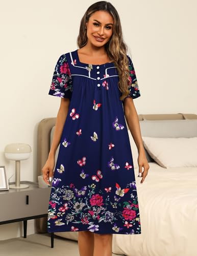 Image of Ekouaer Women's House Dress with Pocket Button Mumus | Short Sleeve Nightgown, Floral Print Mumu Dresses, Square Casual Sleepwear, Boho Roomy Housecoat, Plus Size Soft Sleepwear
