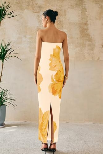Image of PRETTYGARDEN Women Summer Strapless Maxi Dress Bodycon Floral Sexy Long Wedding Guest Dress Formal Tube Mesh Cocktail Dresses