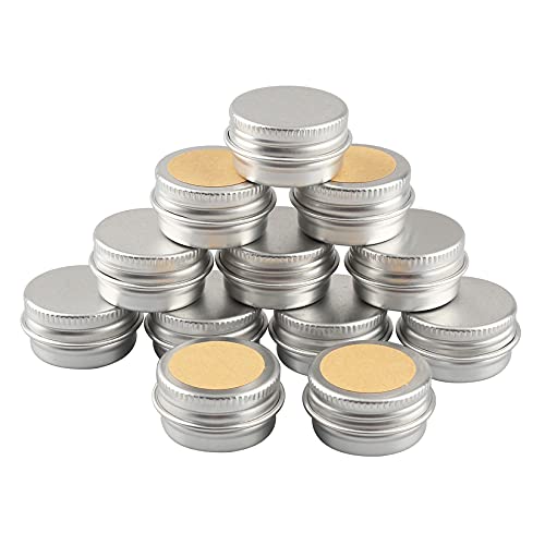 BasicPacking 12 Piezas Pequeño Tarros de Aluminio 5ml Vacío Plata Bote de Aluminio con Tapa Rosca Latas de Aluminio Envase Cosmético Redondo para Cremas Vela con 12 Piezas 20mm Etiquetas