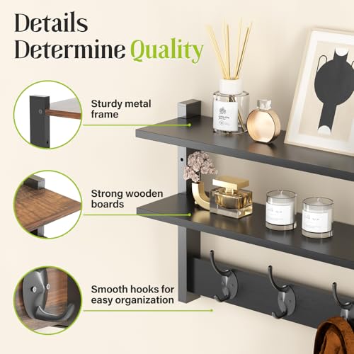 Orapoke 2 Tier Coat Rack Wall Mount with Shelf, 33" Wall Shelf with Hooks, Entryway Key Holder for Wall with 8 Heavy Duty Double Hooks, Coat Hook Wall Mounted for Bedroom, Living Room, Black - image 2