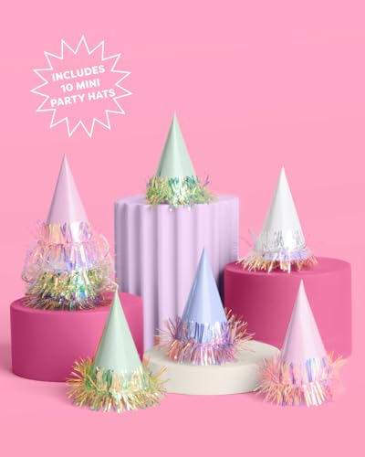 xo, Fetti Iridescent Foil Mini Party Hats, 10 pcs. | Cute Birthday Decorations, Bachelorette Hair Accessory, Kids Bday Outfit, Fun Dinner Celebration Decor