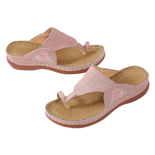 Genérico Sandalias Para Playa Zapatillas Mujer Casa Verano Sandalias y zapatillas bordadas con flores y parte inferior plana con punta de verano para mujer Sandalia Deportiva Mujer (Pink, 43)