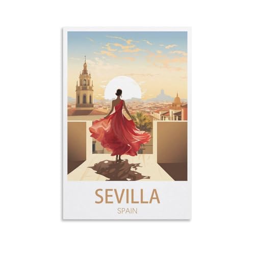 Poster de voyage vintage flamenco de Séville, coucher de soleil, 20 x 30 cm, affiche imprimée sur toile pour maison, salle de bain, chambre à coucher,...