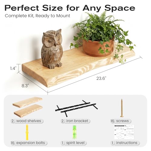 Image of 23.6 Inch Wood Floating Shelves for Wall, Set of 2 Heavy-Duty Wall Shelves with Sturdy Natural Wood Construction, Space-Saving Organizer for Bathroom, Bedroom, Living Room, Kitchen, and Office
