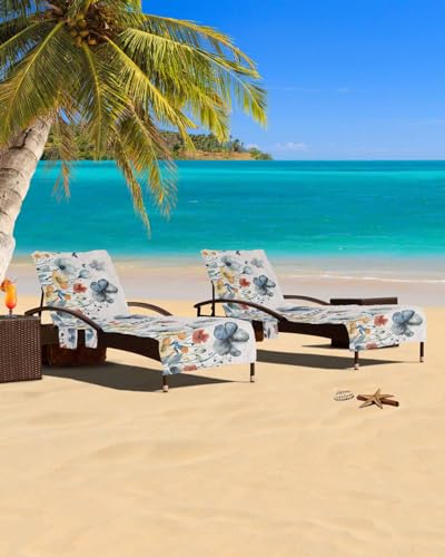 Floral Blue Beach Chair Cover with Side Pockets, Microfiber & Quick Dry Pool Chaise Lounge Chair Towels Covers for Sun Sunbathing Patio Garden Hotel, Retro Botanical Eucalyptus Leaves Traditional Boho