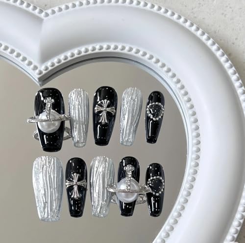 ネイルチップ 黒 手作りネイルチップネイルチップ ネイルシールかわいいピンクつけ爪入学式 卒業式 韓国 成人式 結婚式ネイルチップ3Dラインストーンキャッツアイ 10枚入おしゃれ (銀と黒523, S)