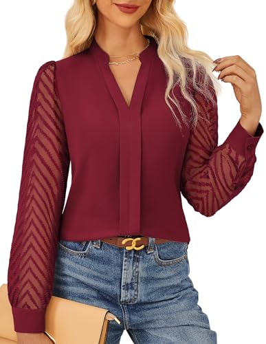Image of GRACE KARIN Ladies 2025 Fall Blouse Shirts Chiffon Long Sleeve Blouses Classic Henry V Neck Tops Wedding Guest Outwear Dark Red XL