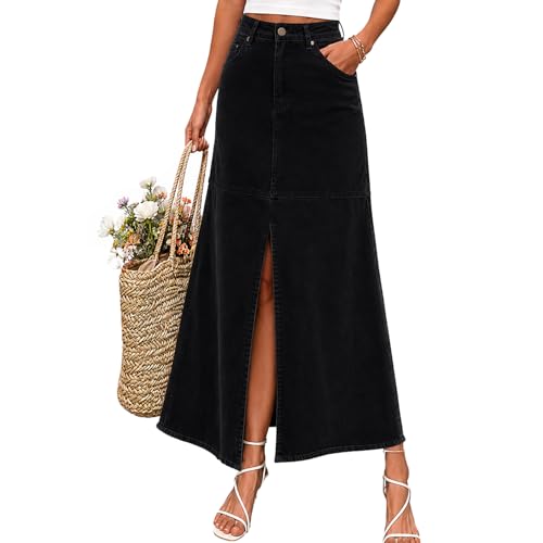Image of materasu Women Midi Skirt with Pocket Front Slit Casual Straight High Waist Long Skirt