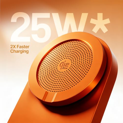 Image of Ambrane 25W Qi2.2 Magsafe Wireless Charger with Stand & Heat Control Mechanism, Perfect for Table, Fast Charge 40% in Just 30 Mins Wirelessly for iPhone 12-17 All Models (AerosynQ 4, Orange)