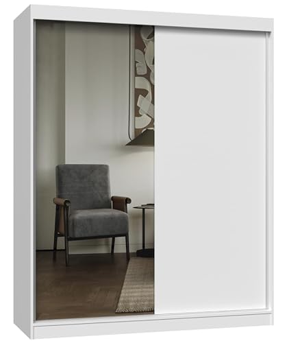 BDW IGA Armoire avec portes coulissantes et miroir, blanc, 160 x 200 x 61 cm, stratifié, tringle à vêtements et étagères